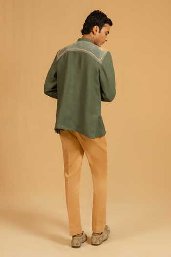 Shop_Gaurav katta_Green Linen Zardozi Embroidered Bandhgala _at_Aza_Fashions
