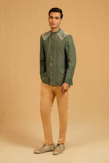 Gaurav katta_Green Linen Zardozi Embroidered Bandhgala _Online_at_Aza_Fashions