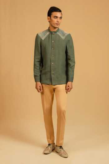Buy_Gaurav katta_Green Linen Zardozi Embroidered Bandhgala _Online_at_Aza_Fashions