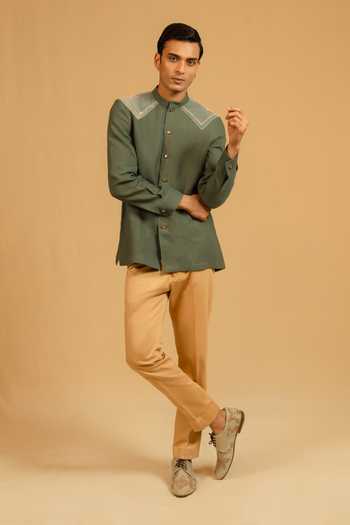 Shop_Gaurav katta_Green Linen Zardozi Embroidered Bandhgala _Online_at_Aza_Fashions