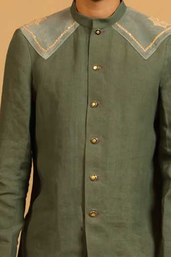 Gaurav katta_Green Linen Zardozi Embroidered Bandhgala _at_Aza_Fashions