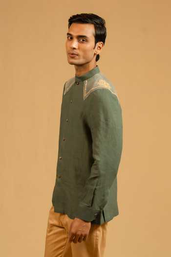 Buy_Gaurav katta_Green Linen Zardozi Embroidered Bandhgala 