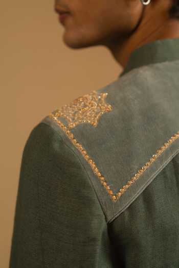 Shop_Gaurav katta_Green Linen Zardozi Embroidered Bandhgala 