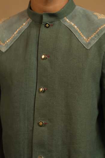 Gaurav katta_Green Linen Zardozi Embroidered Bandhgala _Online
