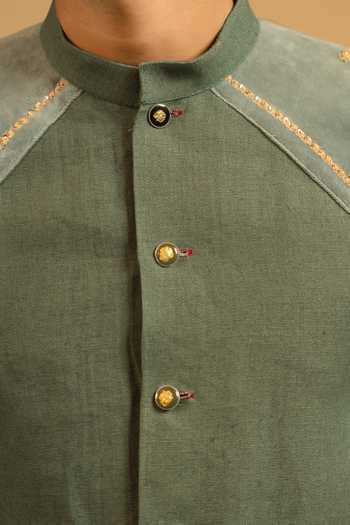 Shop_Gaurav katta_Green Linen Zardozi Embroidered Bandhgala _Online