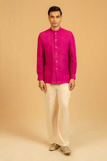 Gaurav katta_Pink Linen Embroidery Zardozi Bandhgala _Online_at_Aza_Fashions