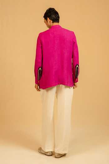 Shop_Gaurav katta_Pink Linen Embroidery Zardozi Bandhgala _at_Aza_Fashions