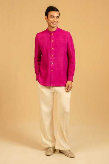 Buy_Gaurav katta_Pink Linen Embroidery Zardozi Bandhgala _Online_at_Aza_Fashions