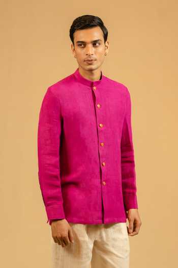 Buy_Gaurav katta_Pink Linen Embroidery Zardozi Bandhgala _at_Aza_Fashions