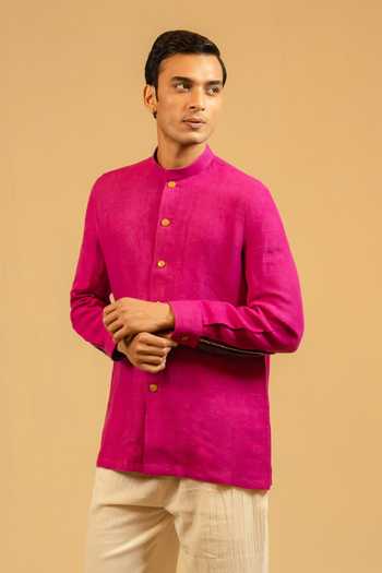 Gaurav katta_Pink Linen Embroidery Zardozi Bandhgala _at_Aza_Fashions