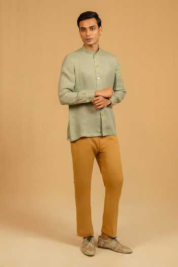 Gaurav katta_Grey Linen Embroidered Bandhgala _Online_at_Aza_Fashions
