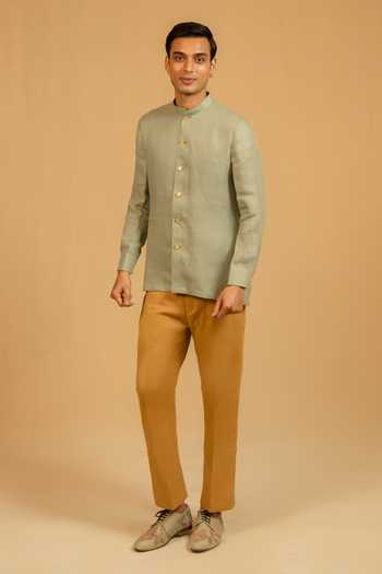 Buy_Gaurav katta_Grey Linen Embroidered Bandhgala _Online_at_Aza_Fashions