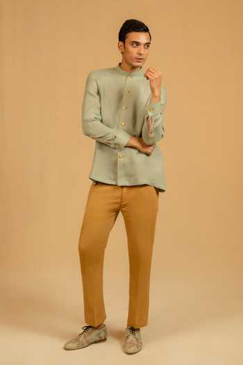 Shop_Gaurav katta_Grey Linen Embroidered Bandhgala _Online_at_Aza_Fashions