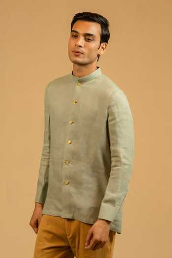 Buy_Gaurav katta_Grey Linen Embroidered Bandhgala _at_Aza_Fashions