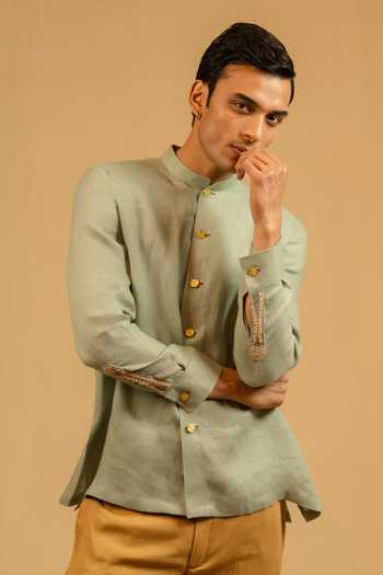 Gaurav katta_Grey Linen Embroidered Bandhgala _at_Aza_Fashions