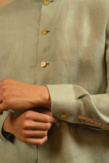 Shop_Gaurav katta_Grey Linen Embroidered Bandhgala 