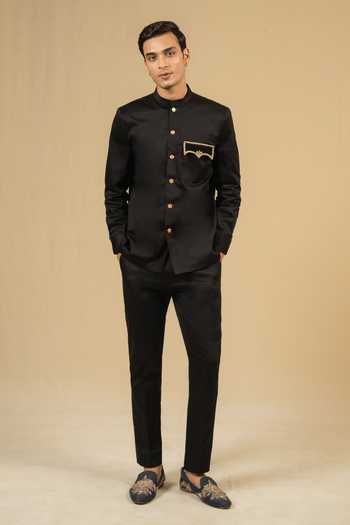 Gaurav katta_Black Cotton Zardozi Work Bandhgala _Online_at_Aza_Fashions