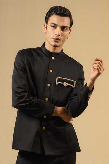 Buy_Gaurav katta_Black Cotton Zardozi Work Bandhgala _Online_at_Aza_Fashions
