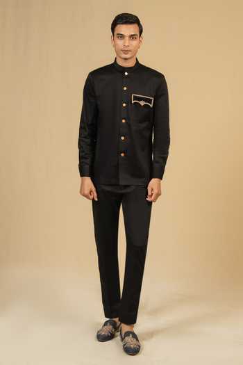 Shop_Gaurav katta_Black Cotton Zardozi Work Bandhgala _Online_at_Aza_Fashions