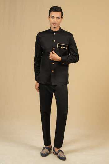 Gaurav katta_Black Cotton Zardozi Work Bandhgala _at_Aza_Fashions