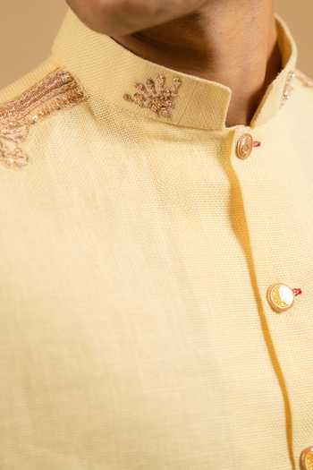 Gaurav katta_Yellow Linen Zari Zardozi Work Bandhgala _Online_at_Aza_Fashions