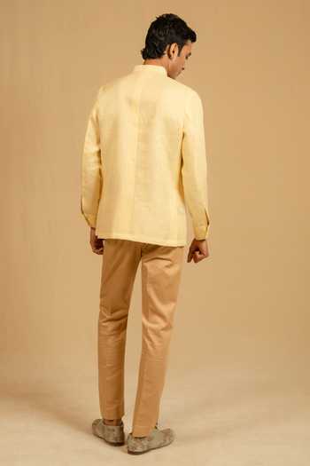 Shop_Gaurav katta_Yellow Linen Zari Zardozi Work Bandhgala _at_Aza_Fashions