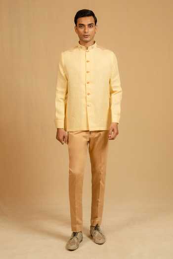 Buy_Gaurav katta_Yellow Linen Zari Zardozi Work Bandhgala _Online_at_Aza_Fashions