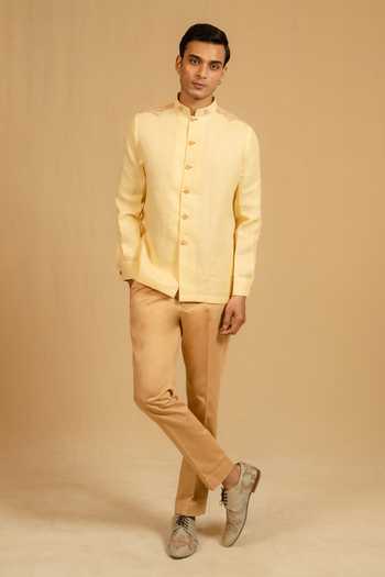Shop_Gaurav katta_Yellow Linen Zari Zardozi Work Bandhgala _Online_at_Aza_Fashions