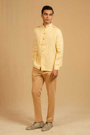 Gaurav katta_Yellow Linen Zari Zardozi Work Bandhgala _at_Aza_Fashions