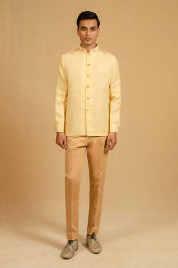 Buy_Gaurav katta_Yellow Linen Zari Zardozi Work Bandhgala 