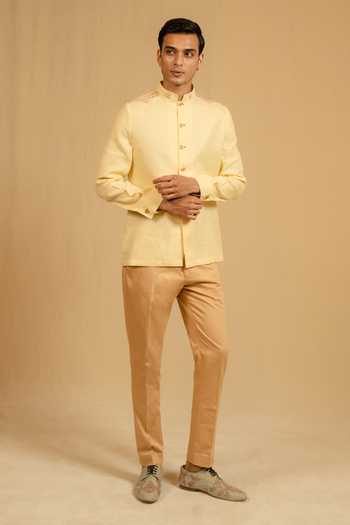 Shop_Gaurav katta_Yellow Linen Zari Zardozi Work Bandhgala 