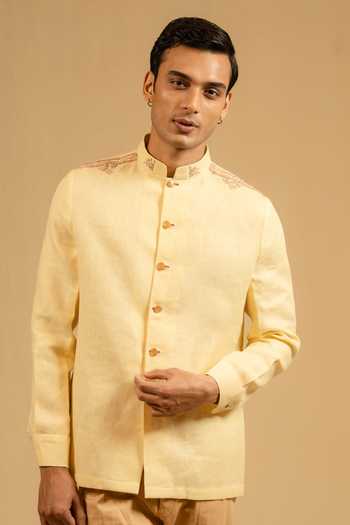 Gaurav katta_Yellow Linen Zari Zardozi Work Bandhgala _Online