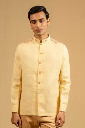 Buy_Gaurav katta_Yellow Linen Zari Zardozi Work Bandhgala _at_Aza_Fashions