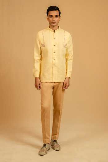 Gaurav katta_Yellow Linen Zari Zardozi Work Bandhgala _Online_at_Aza_Fashions