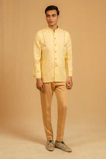 Buy_Gaurav katta_Yellow Linen Zari Zardozi Work Bandhgala _Online_at_Aza_Fashions