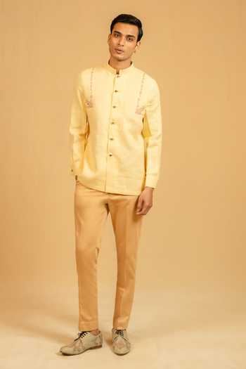 Shop_Gaurav katta_Yellow Linen Zari Zardozi Work Bandhgala _Online_at_Aza_Fashions