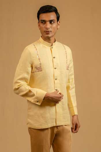 Gaurav katta_Yellow Linen Zari Zardozi Work Bandhgala _at_Aza_Fashions