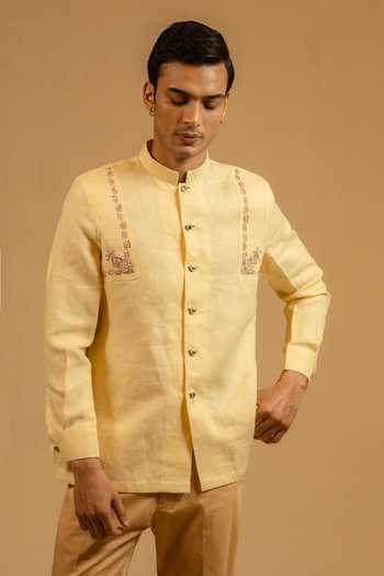 Buy_Gaurav katta_Yellow Linen Zari Zardozi Work Bandhgala 