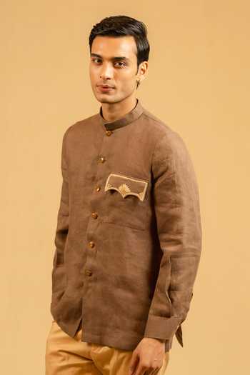 Gaurav katta_Brown Linen Zardozi Work Bandhgala _Online_at_Aza_Fashions