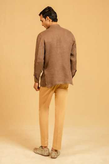 Shop_Gaurav katta_Brown Linen Zardozi Work Bandhgala _at_Aza_Fashions