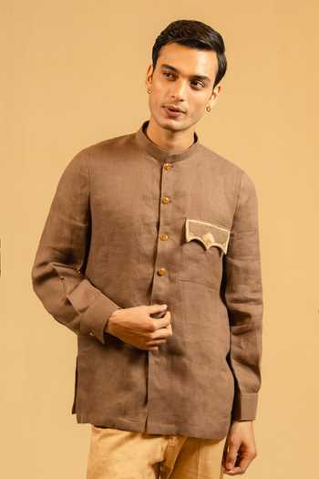 Buy_Gaurav katta_Brown Linen Zardozi Work Bandhgala _at_Aza_Fashions