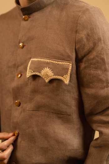Buy_Gaurav katta_Brown Linen Zardozi Work Bandhgala _Online_at_Aza_Fashions