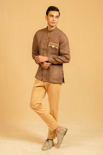 Shop_Gaurav katta_Brown Linen Zardozi Work Bandhgala _Online_at_Aza_Fashions