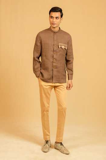 Gaurav katta_Brown Linen Zardozi Work Bandhgala _at_Aza_Fashions