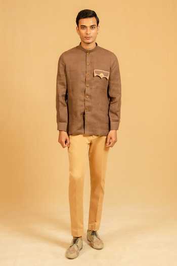 Buy_Gaurav katta_Brown Linen Zardozi Work Bandhgala 