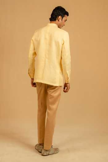 Shop_Gaurav katta_Yellow Linen Embroidery, Zari Zardozi Bushcoat Bandhgala _at_Aza_Fashions
