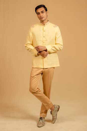 Gaurav katta_Yellow Linen Embroidery, Zari Zardozi Bushcoat Bandhgala _Online_at_Aza_Fashions