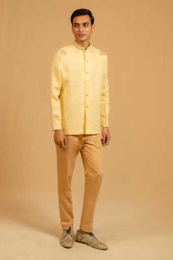 Buy_Gaurav katta_Yellow Linen Embroidery, Zari Zardozi Bushcoat Bandhgala _Online_at_Aza_Fashions