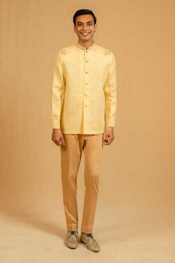 Shop_Gaurav katta_Yellow Linen Embroidery, Zari Zardozi Bushcoat Bandhgala _Online_at_Aza_Fashions