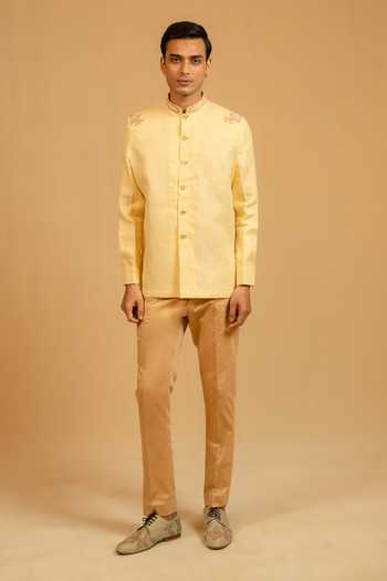 Gaurav katta_Yellow Linen Embroidery, Zari Zardozi Bushcoat Bandhgala _at_Aza_Fashions